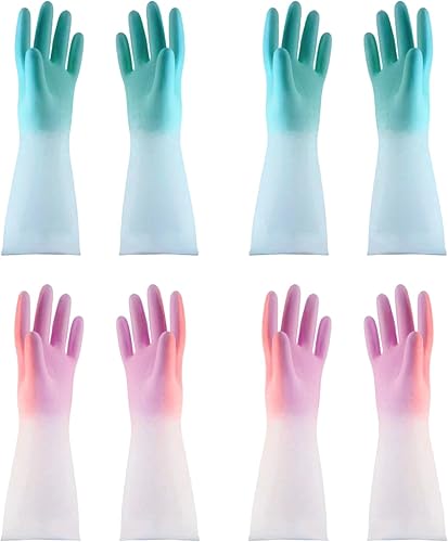 Guantes de goma para lavar platos de cocina, 4 pares de guantes de látex reutilizables e impermeables (grandes)