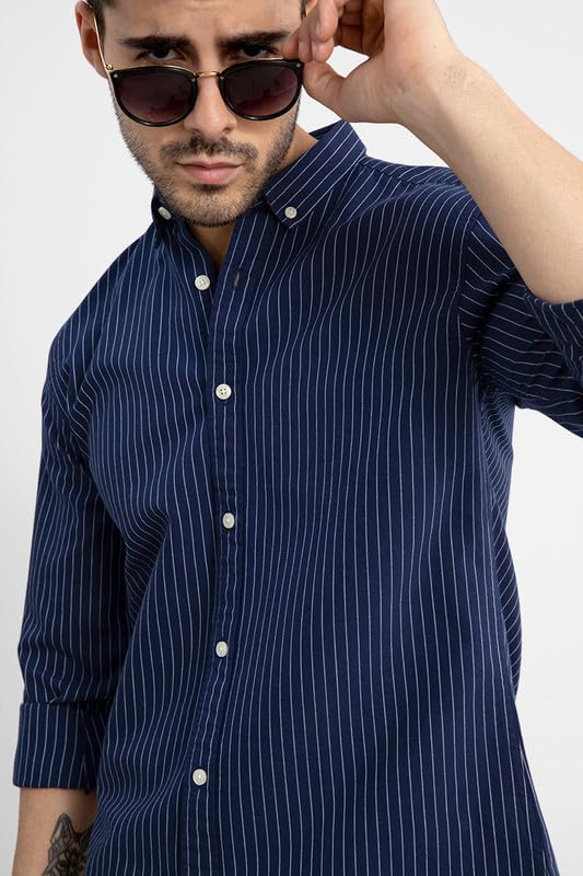 Image of SNITCH Lining Navy Spread Collar Stripe Slim Fit Shirt
