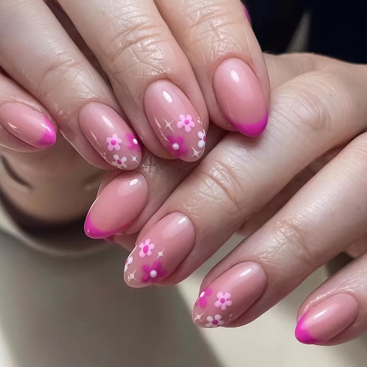 Flower Press on Nails Short Fake Nails French Tip Nude Pink with Design Glossy Oval Stick Glue on Nails Tips for Women, Reusable Acrylic Daily False