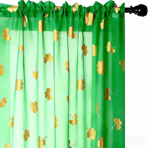 youleyar Cortinas traslúcidas para el Día de San Patricio, cortinas transparentes de gasa con estampado de trébol dorado, 2 paneles, con bolsillo