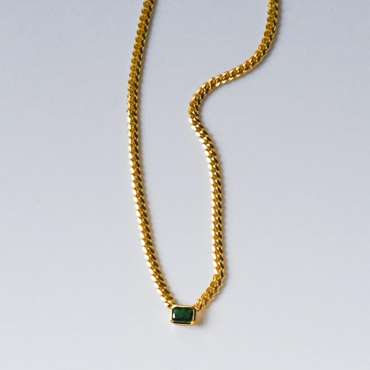 espere Baguette CZ Necklace | Emerald Cut Pendant Cuban Link Chain Choker 14'' with 2'' Extender