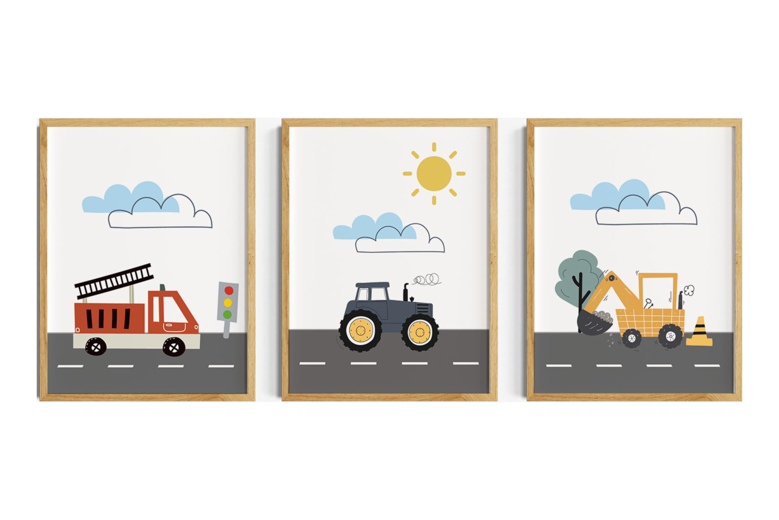 Generisch Kinderzimmer Bilder Junge, Poster Traktor, Bagger und Polizeiwagen, Fahrzeuge Kinderzimmerdeko, Jungenzimmer Wanddeko, als 3er Bilder Set ohne Rahmen (DIN A4 (21x29,7 cm))