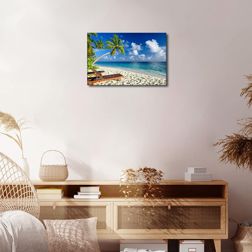 TISHIRON Canvas Wall Art Summer Ocean Coconut Trees on Sands Beach Panoramic Seascape Scenery Painting Canvas Artwork Sea Nature Picture for Home Office Wall Decor Framed Ready to Hang (18X12in) - Image 2