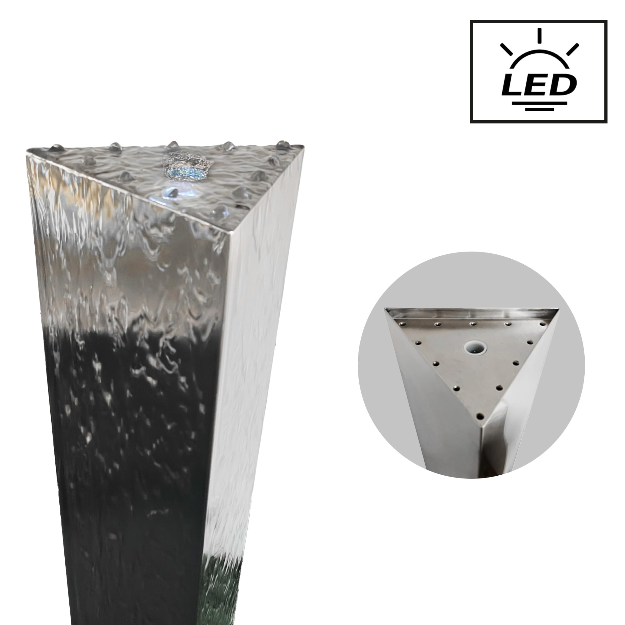 Köhko® Dreieckige Säule H200cm mit integrierte LED-Beleuchtung auf Dreieckige Edelstahl Becken Matte Gartenbrunnen aus Edelstahl
