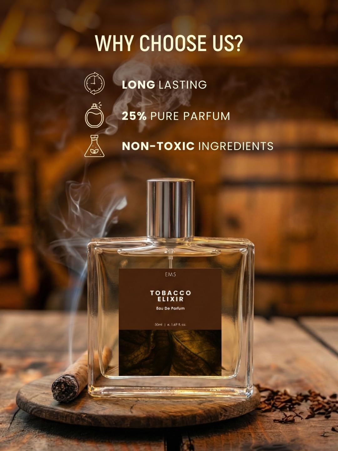 EM5. Tobacco Elixir Perfume for Men | Tobacco, Woody, Leather Fragrance | Long Lasting Scent | Premium Gift for Him | 50ml EDP