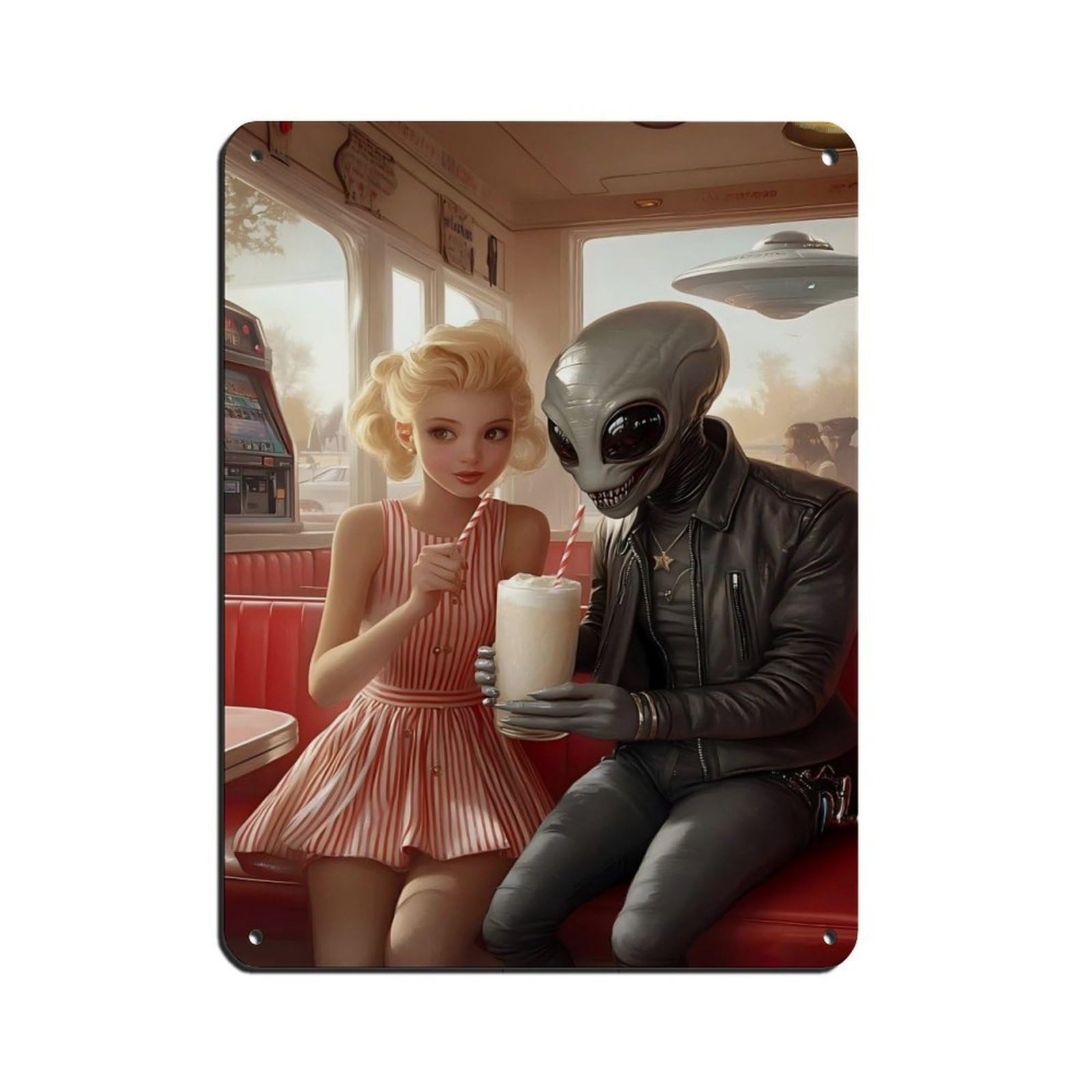 Retro Sci Fi Alien Diner, 1950s Vintage Retro Poster Metal Tin Sign Chic Art Retro Iron Painting Bar People Cave Cafe Family Garage Poster Wall Decoration 12x16inch(30x40cm)
