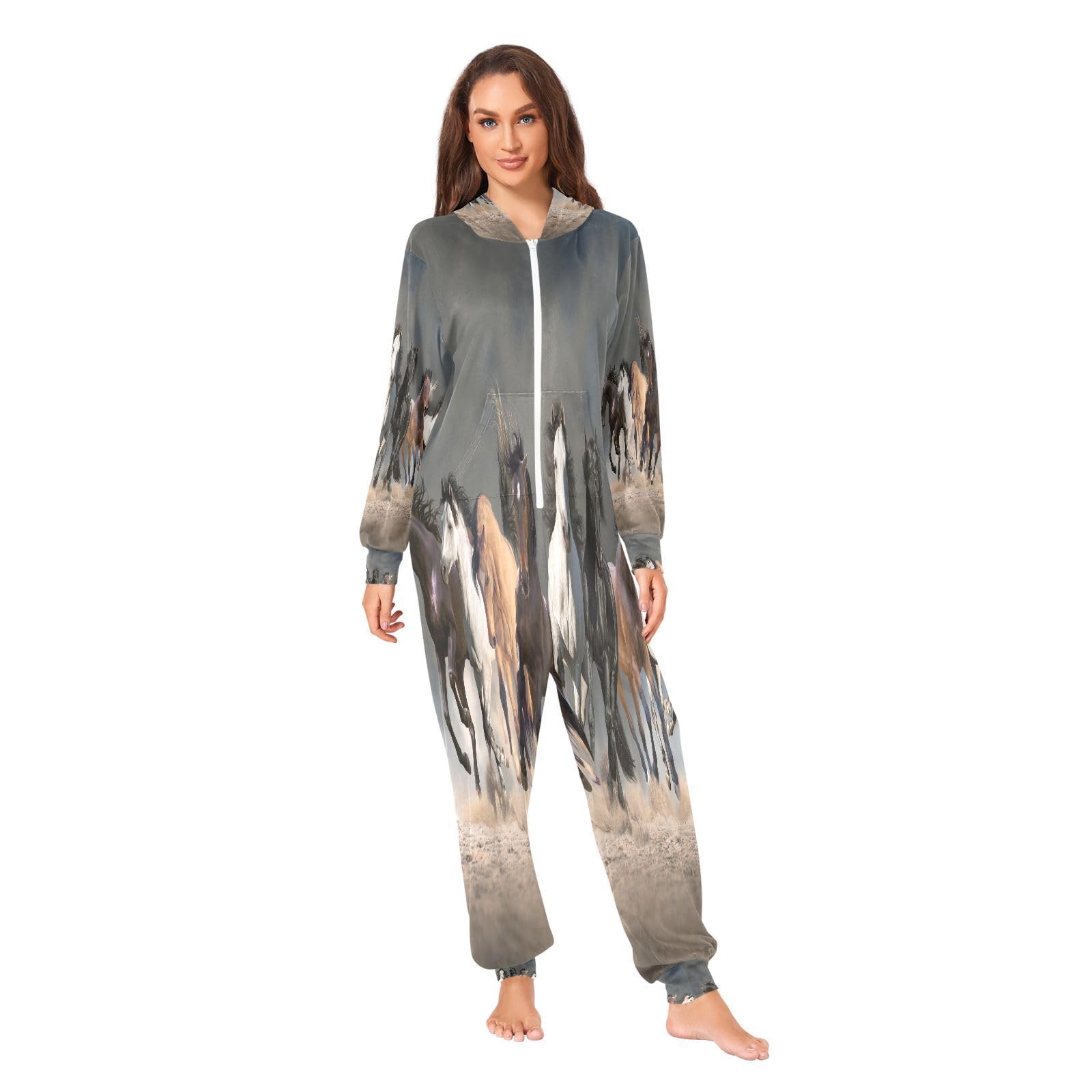 Pyjama pour adulte - Motif cheval - Pour homme et femme - Costume une pièce - Vêtement de nuit assorti pour femme