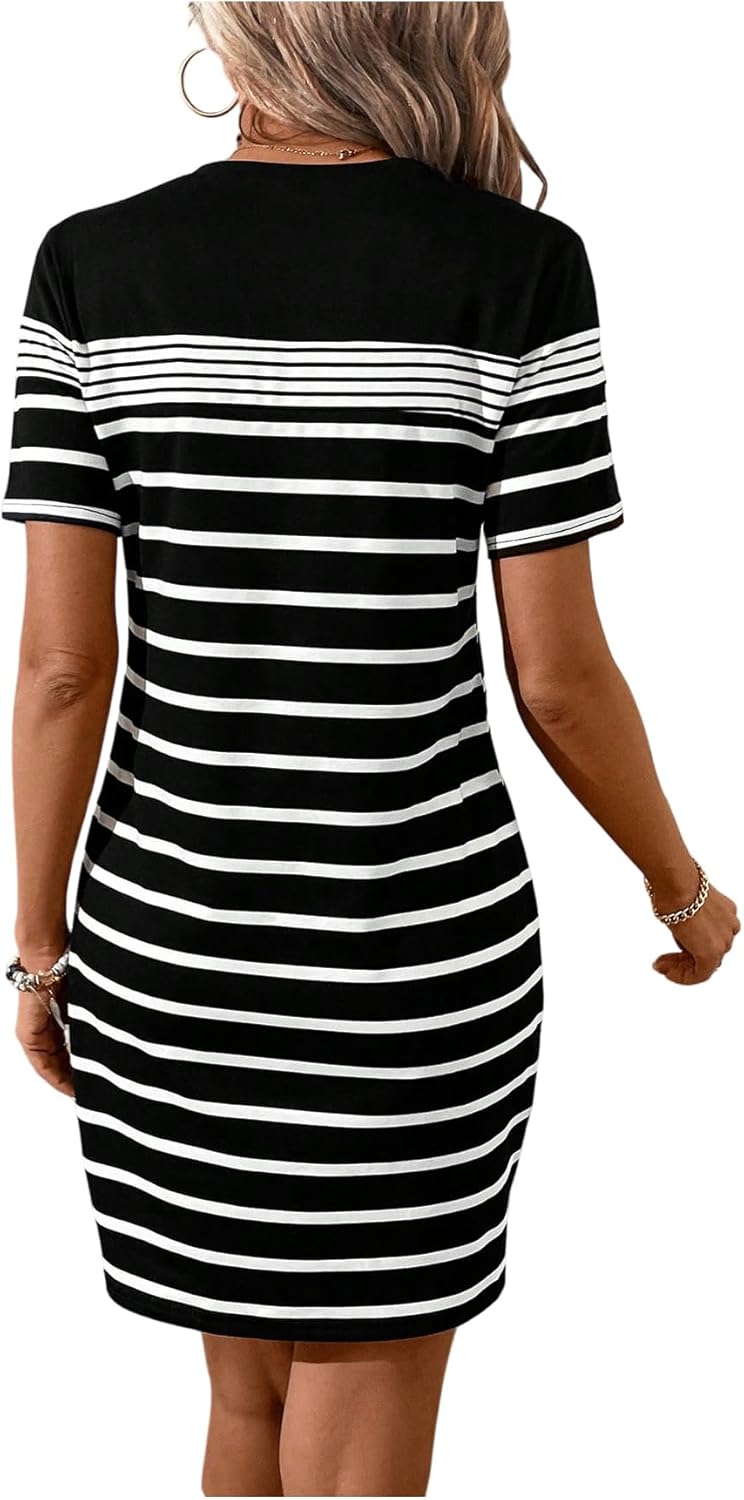 SweatyRocks Women's Striped Mini Dress Short Sleeve Round Neck Short T Shirt Dresses - Image 2