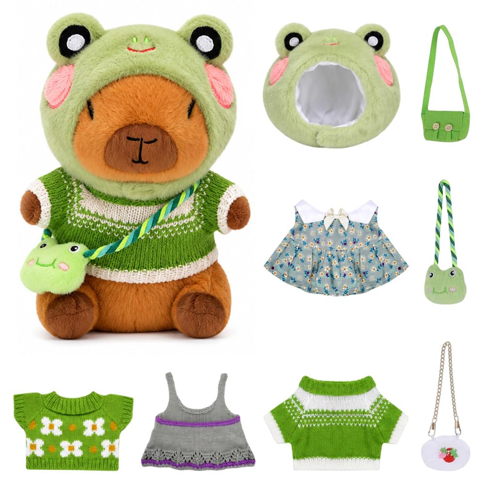 SGZIOO Capybara Plush with Clothes Accessories 9PCS, Capybara Teddy Pillow, Cute Capybara Toy, Soft Capibara Stuffed Animal, Capybara Dress Up, Role Play Dress Up Gifts Decorations (Green)