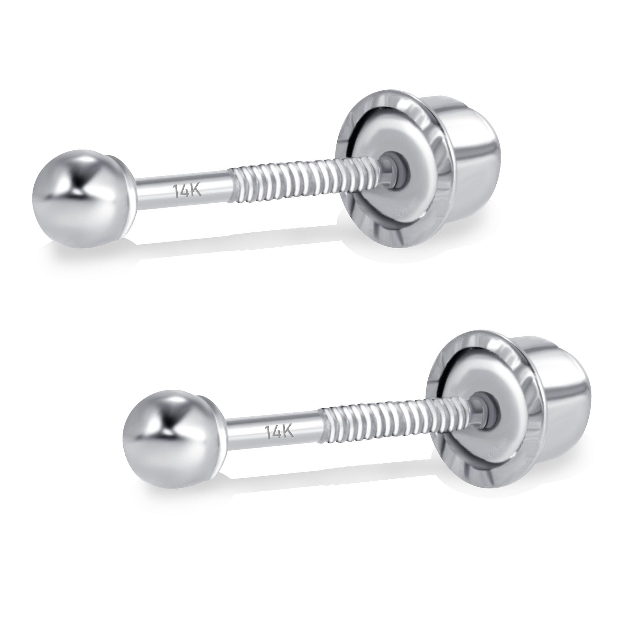 14k Real White Gold Ball Stud Earrings for Women Men 2mm-8mm Diameter - Real 14k Gold Secure Screw
