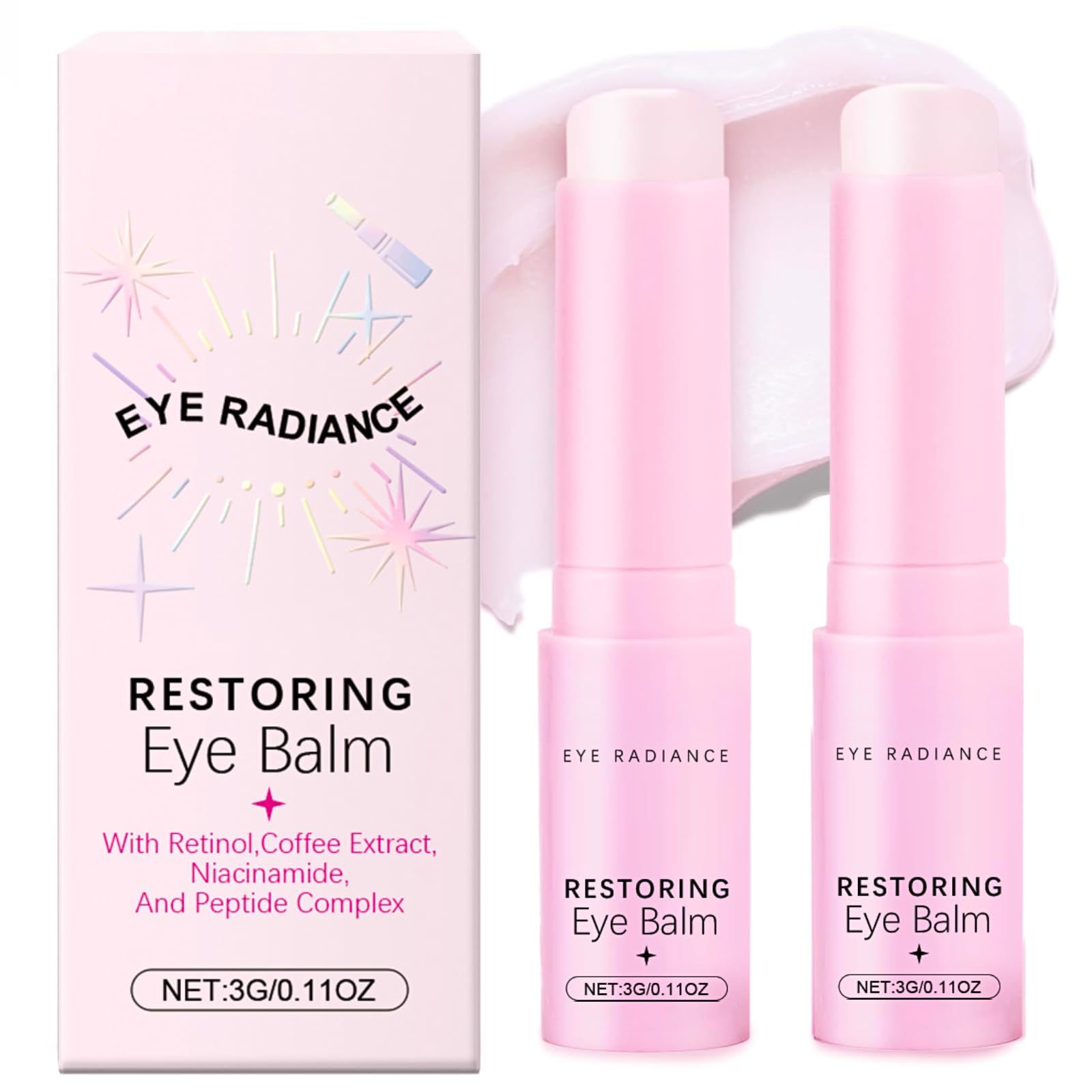 Under Eye Brightener Balm Stick 2PC - Retinol & Caffeine Eye Cream For Dark Circles And Puffy Eyes, Wrinkles, Eye Bags Remover Women - Instantly Hydrate And Brighten Under Eye Cream - Vegan Skincare
