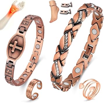 Copper Bracelet for Women Copper Anklet & Ring Set with Ultra Magnets Adjustable with Sizing Tool