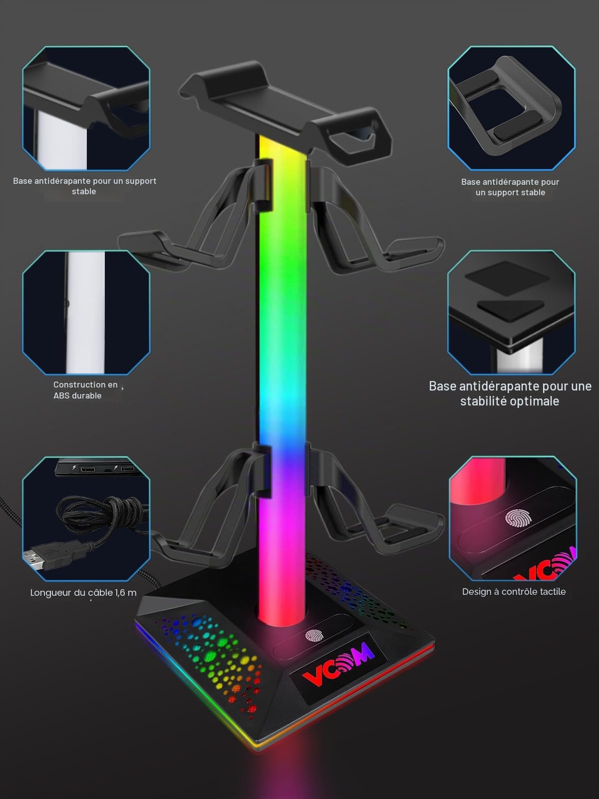 VCOM Support Casque Gamer, RGB Porte Casque avec 10 Modes d'éclairage, Support Manette avec 3 Ports USB pour Gamer, Xbox, PS5 Accessoires de Casque