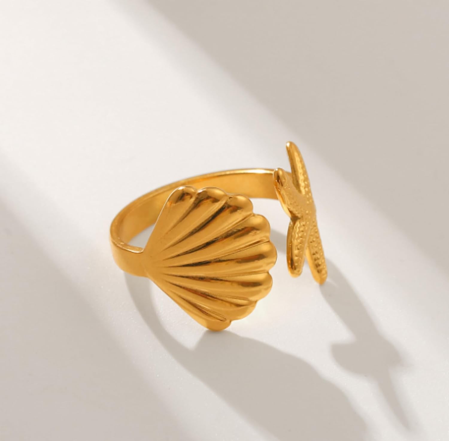 6Pcs Gold Seashell Rings for Women, Golden Adjustable Ocean Beachy Jewelry Shell Wave Starfish Rings Summer Sea Beachy Vacation Accessories Stuff Gifts for Women - Image 2