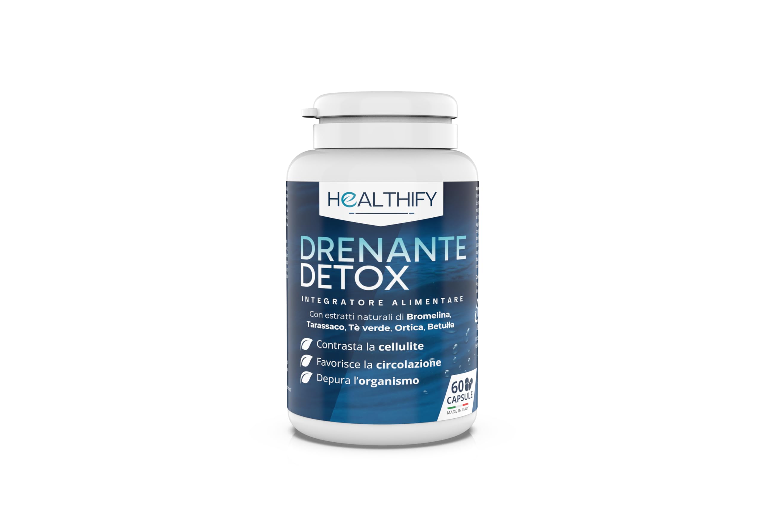 HEALTHIFY Diuretico Drenante Detox Forte Fegato ed Intestino Anticellulite con Tarassaco Betulla Garcinia Orthosiphon e Bromelina 60 Capsule Made in Italy