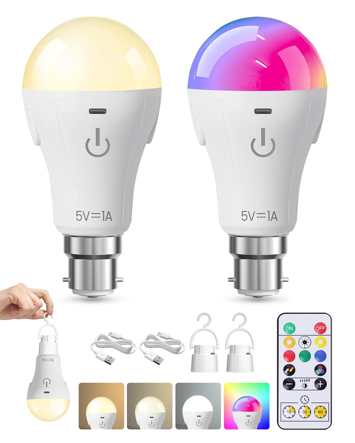 BrightArk Rechargeable Light Bulbs with Remote Control, 3 Color + RGB USB Rechargeable Light Bulb, B22 LED Dimmable Battery Light Bulb Up to 24H, A60 Emergency LED Light Bulbs with Touch Control(2 PK) โ image 1