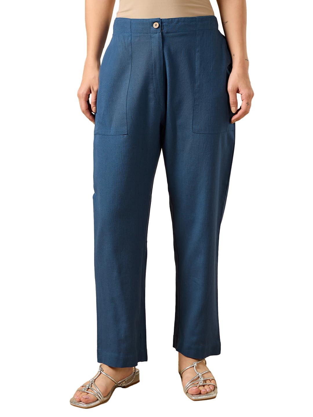 Women's Cotton Linen Smart Trousers | Wide-Leg Casual Pants with Pockets | Solid | Button Closure-image-1