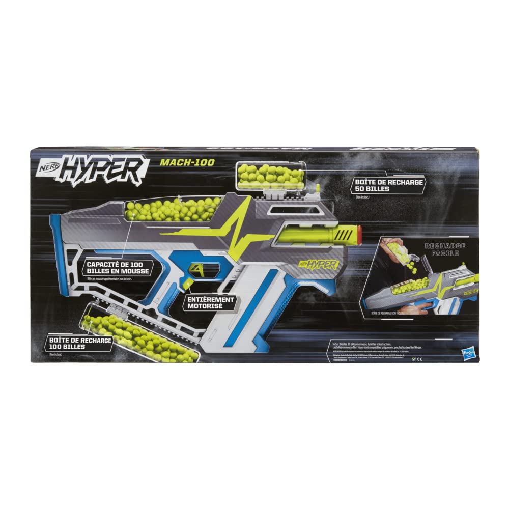 Nerf Hyper, Blaster motorisé Mach-100, 80 Billes en Mousse Nerf Hyper, Lunettes, Vitesse de 33 m/s, Recharge Facile, capacité de 100 Billes, L