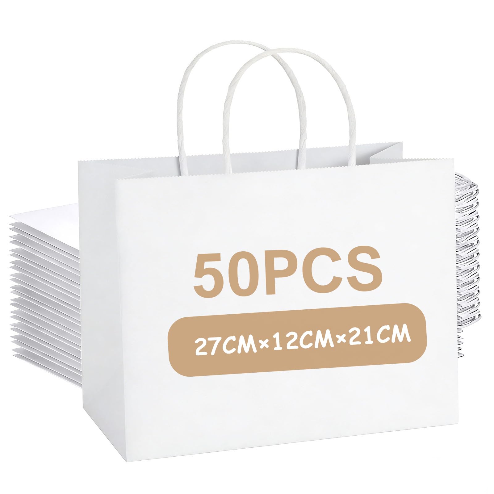 Weifeng 50 Pcs White Paper Bags With Handles 27x12x21cm Strong Carrier Bags Thicken 130gsm