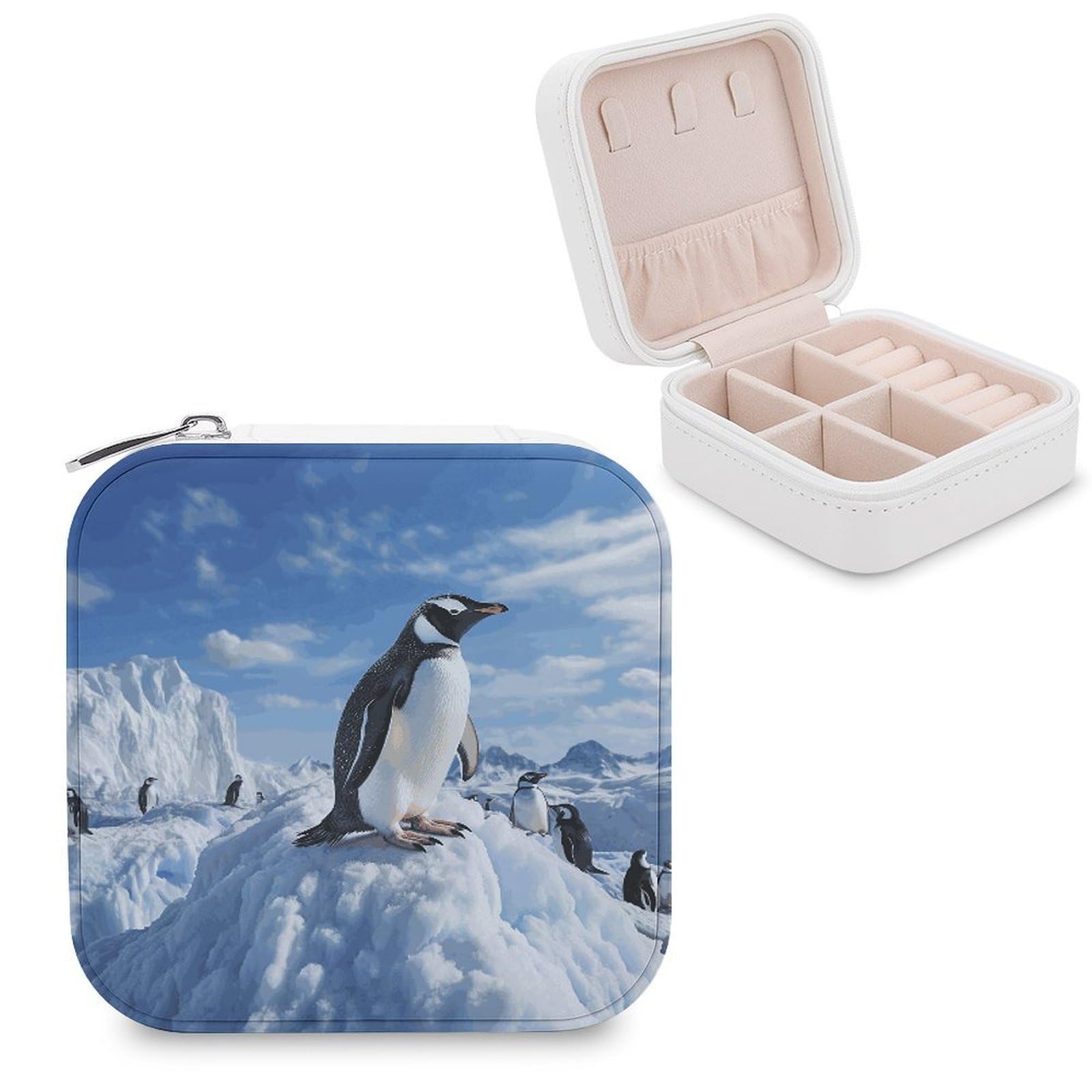 MUSM Snow Mountain Penguin Travel Jewelry Case Personalized PU Leather Jewelry Boxes for Women Small Portable Jewelry Organizer Box Cute Trinket Box for Necklaces Rings Earrings & Gifts