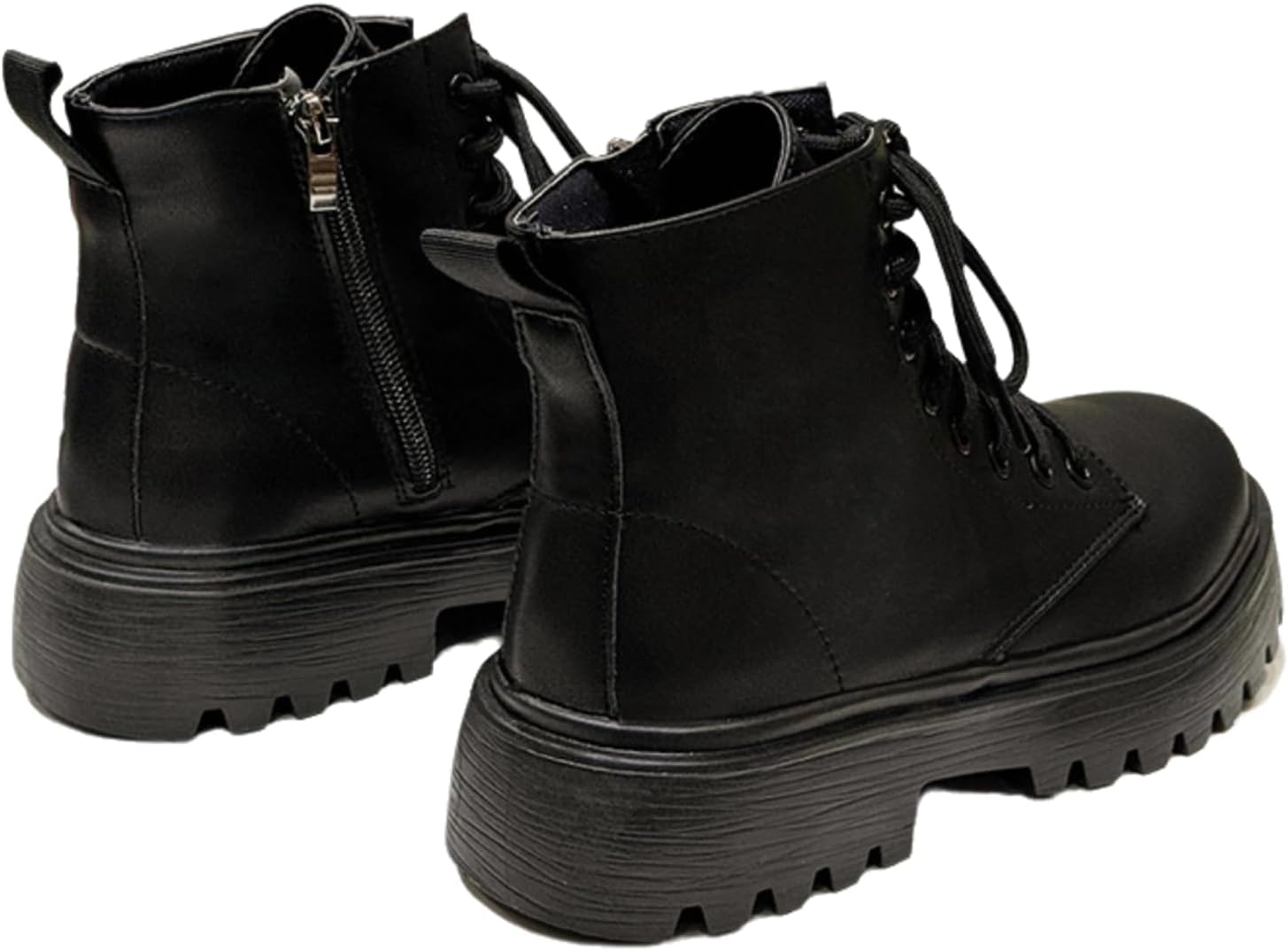Women's Black Classic Casual Combat Boots Short Boots, Thick Sole Lace Up 8 Holes Side Zipper Waterproof Platform Ankle Boots