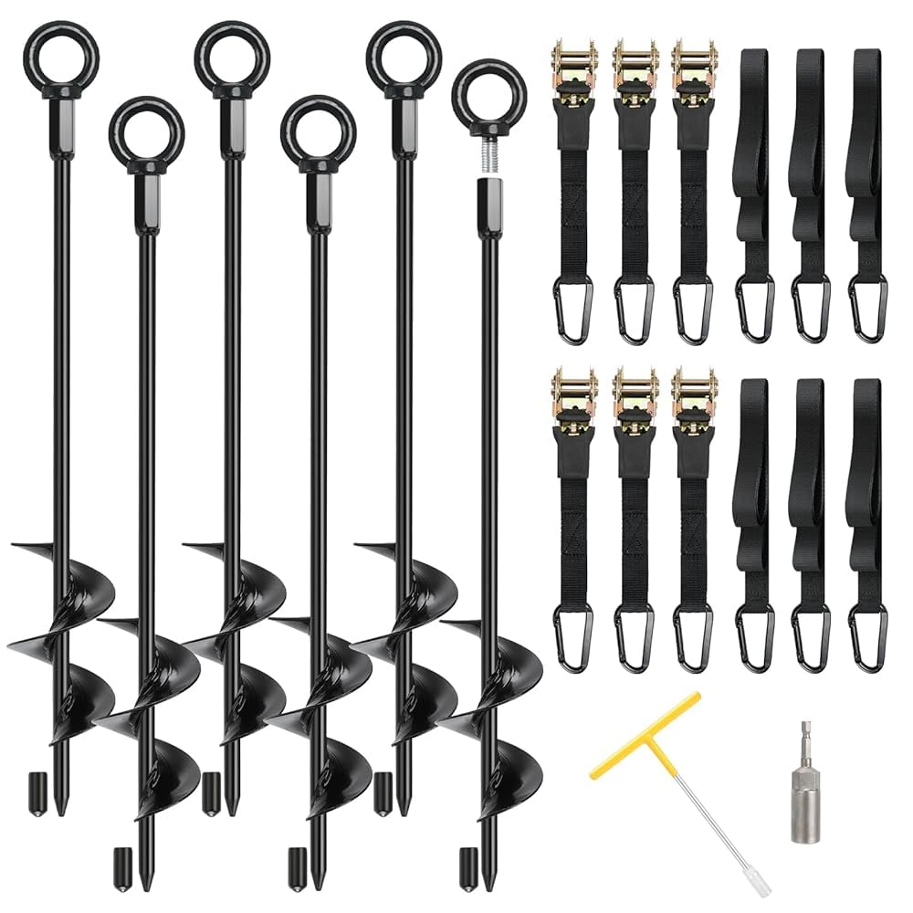 Photo 1 of Fuuner Trampoline Anchors, 6 Pack 18" RV Awning Tie Down Kit with6 Ratchet Straps, Heavy Duty Screw-in Stakes for Trampolines, RV Awnings & Swing Sets
