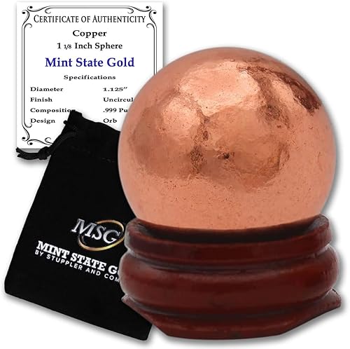 Pisapapeles de bola de cobre con base de madera  1 18 pulgadas (1.004 in - 0.26 libras) Esfera sólida pura 99.9% con certificado de autenticidad por