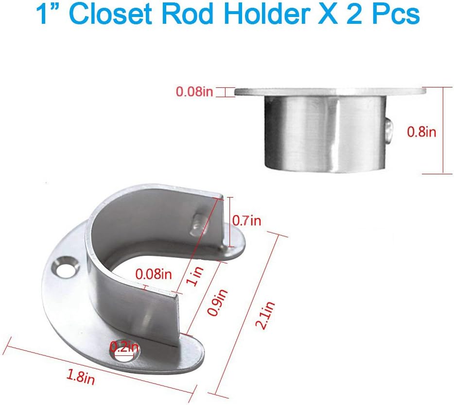 Hysagtek 4 Pcs Closet Rod Holder Support U Shaped Rod Socket Flange Set Heavy Duty Closet Pole Rod End Supports for Closet Shower Curtain Rod, Stainless Steel, 2 Sizes (1" and 1-1/3" Diameter)