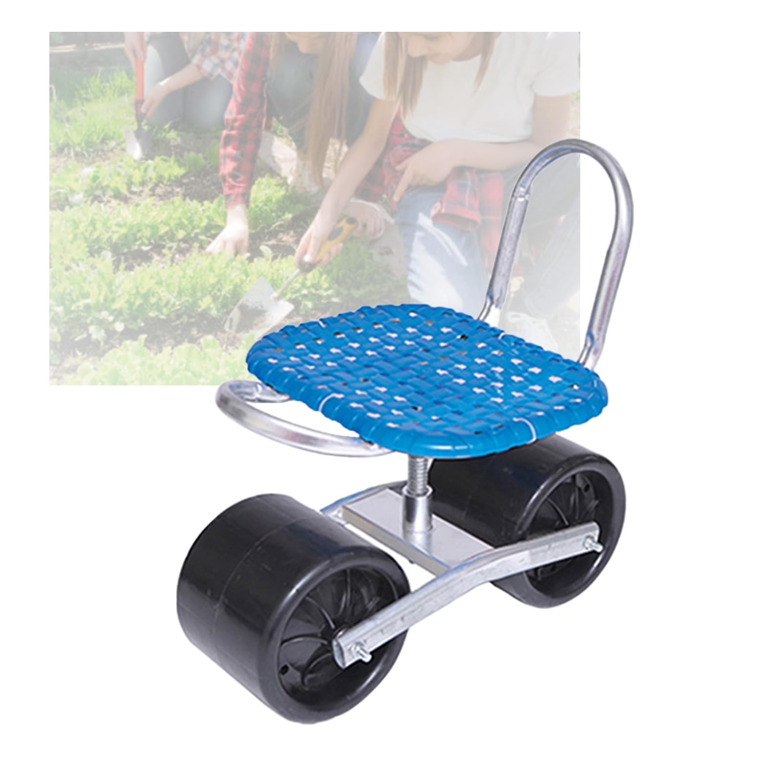 Rolling ogrodowy fotel roboczy, obracany o 360°, regulowana wysokość 22-36 cm, nośność 150 kg, przenośny stołek ogrodniczy z 2 kółkami, na trawnik i podwórko (niebieski)