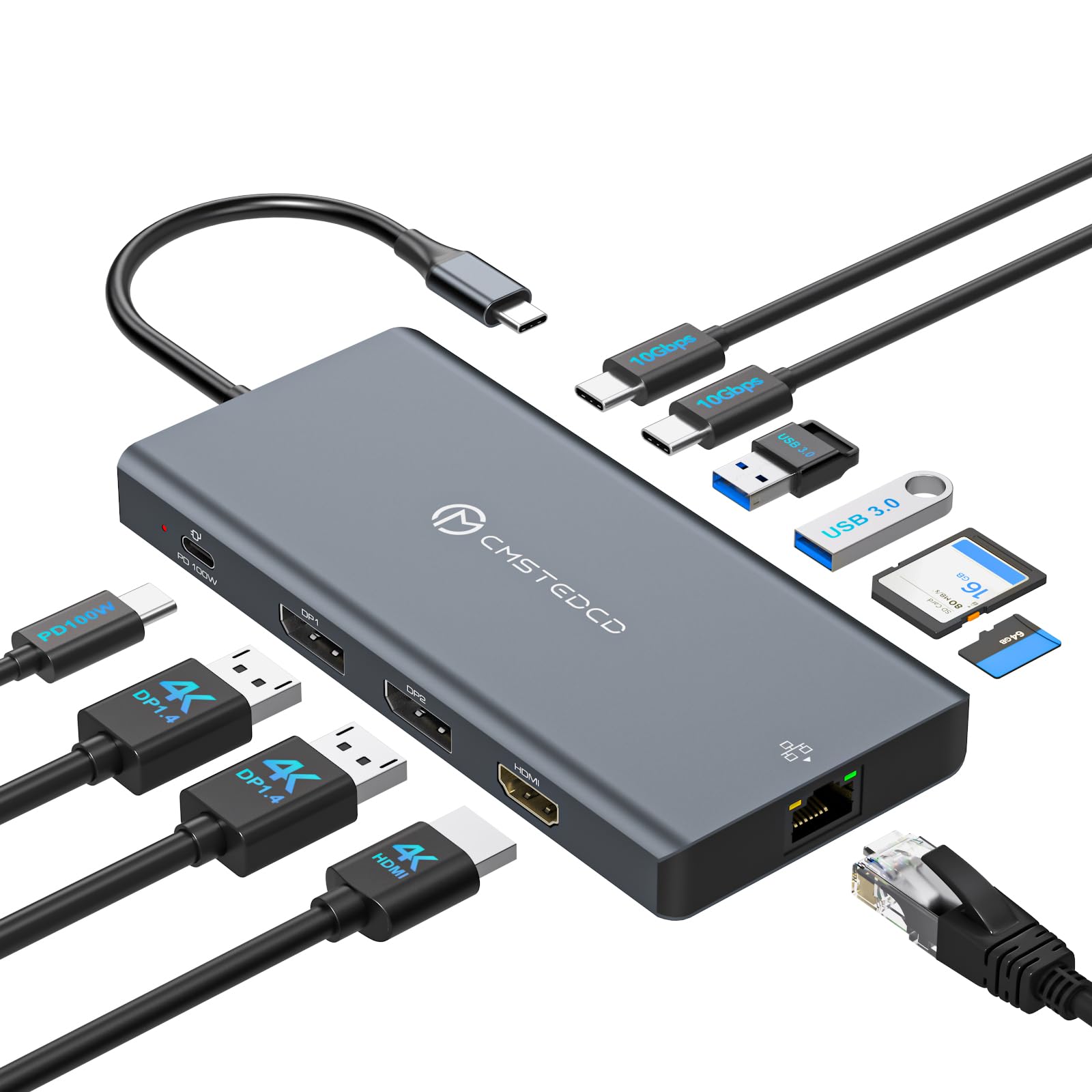 Station d'accueil pour Ordinateur Portable 3 Moniteurs 12 en 1 USB C pour 4K @ 120 Hz DP + 4K @ 120 Hz DP + 4K @ 60 Hz HDMI, 100W PD, 10 Gbps USB 3.2, Gigabit Ethernet