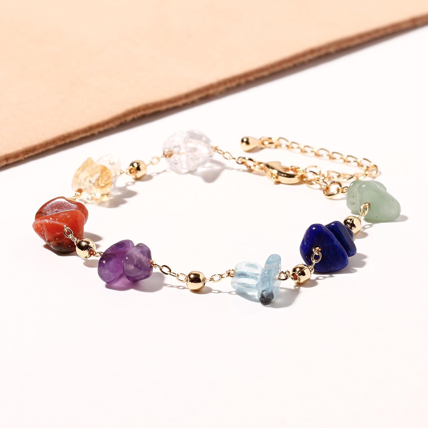 7 Chakra Reiki Gemstones Plated 14k Gold Chain Bracelets for Women Meditation Colorful Crystal Chips Beaded Bracelets (6″-8″) - Image 8