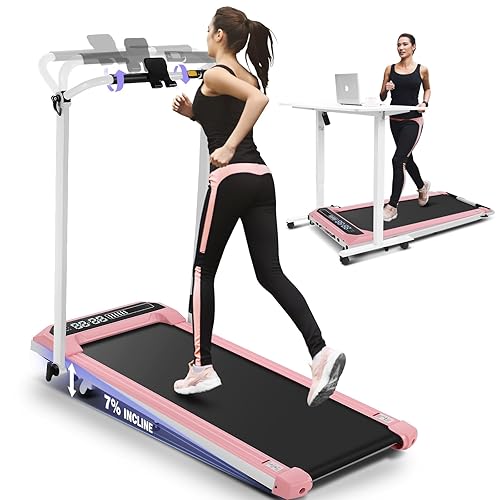 ANCHEER Walking Pad Treadmill with Handle Bar and Incline, 3 in 1 Portable Under Desk Foldable Treadmills for Home Small Office with 300 lb Capacity, 2.5HP Quiet Compact Electric Running Machine - Classic Pink