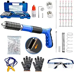 Pistola Finca Pino Manual com Óculos, Luvas, Protetor Auricular, Rebites e Acessórios, Azul