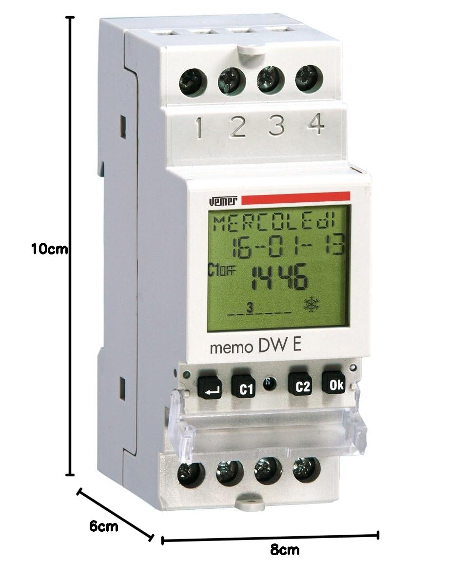 VEMER VP871800 MEMO DW E - Interruttore Orario Digitale, Timer Programmazione Giornaliera o Settimanale, Installazione su Guida DIN, Bianco