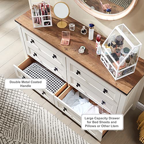 T4Tream Farmhouse 6 Drawers Dresser Chests For Bedroom, Wood Rustic Wide Chset Of Drawers,Storage Dressers Organizer For Bedroom, Living Room,Hallway, Antique White #TOP4