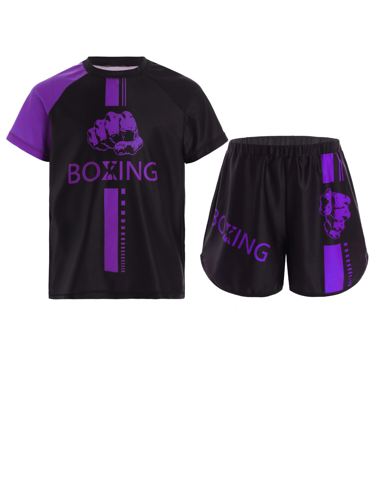 MSemis Kids Boys Boxing Outfits Active Boxing Jersey Sports Shirt with Muay Thai Boxer Shorts Tracksuit Set Purple 15-16 Years