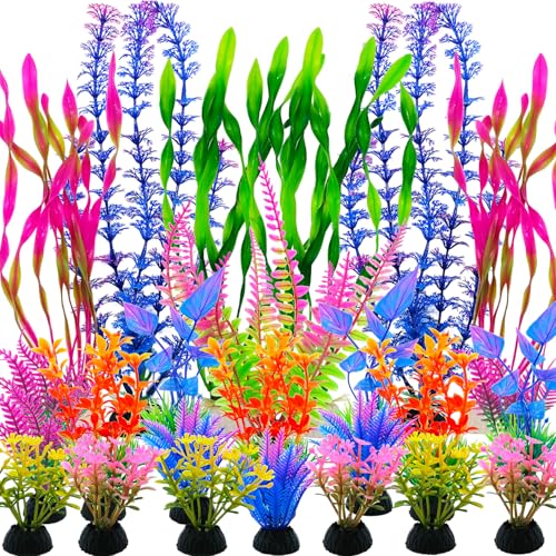 SLOCME Lot de 25 grandes plantes artificielles colorées pour aquarium - Grandes décorations en plastique pour Betta et poissons rouges - Plantes douces réalistes avec base lestée