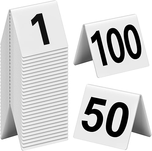 100 piezas de números de mesa de acrílico blanco del 1 al 100 de doble cara numerada, tiendas de campaña, restaurante, mesa de boda, tarjetas de
