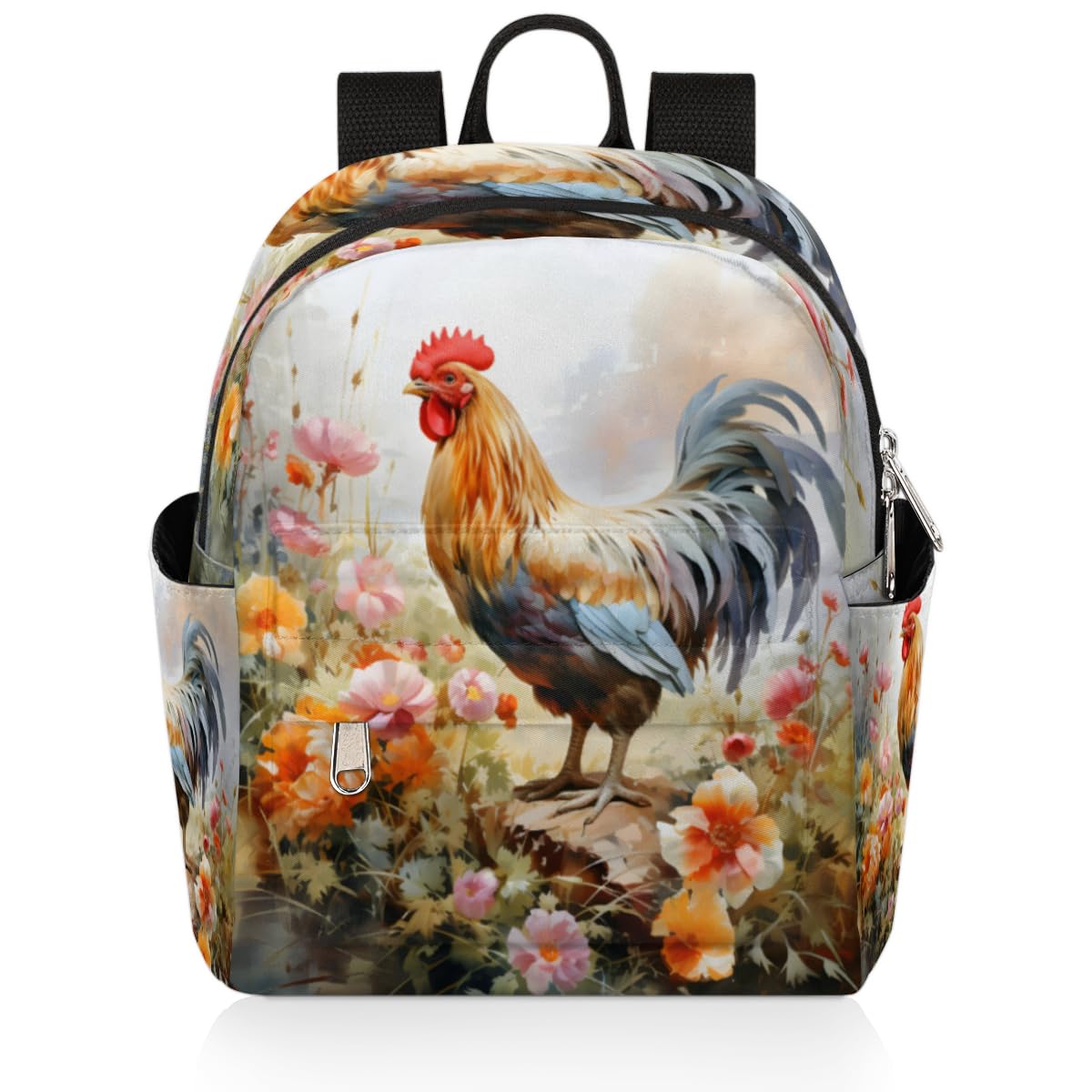 Skonsati Floral Rooster Chicken Print Mini Backpack Purse for Women Lightweight Shoulder Bag Women Shopping Backpack Small Backpacks Purse