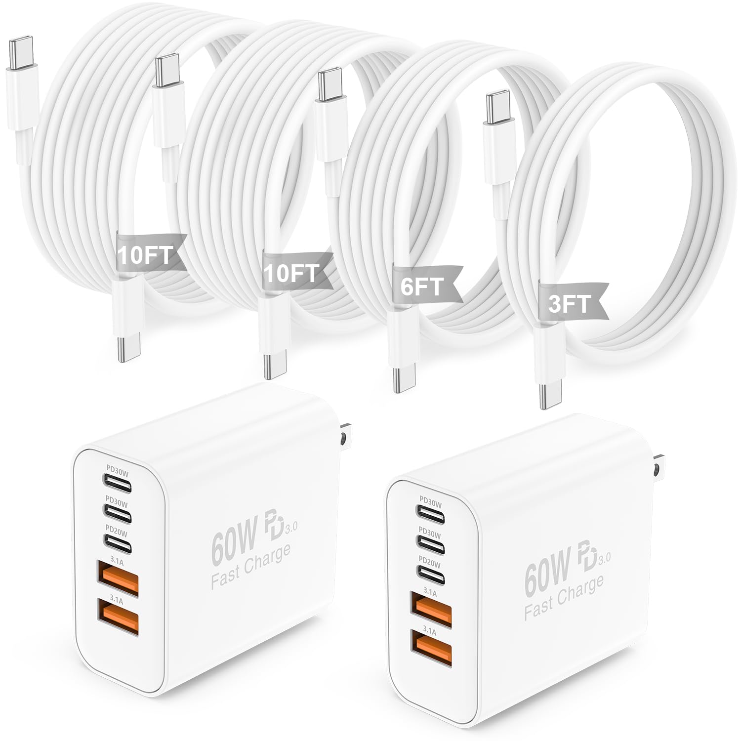 2Pack 60W iPhone 17 16 15 Charger and 3 6 10 10ft Type C to C Cable Cord Long, 3 USB C/2 USB A Fast Charging Block for Apple iPhone 17 Pro Max/17 Air/16 Pro/16/15 Plus/iPad/mini, Wall Plug Cube Brick 3 Feet+6 Feet+10 Feet+10 Feet Light Whitess 2