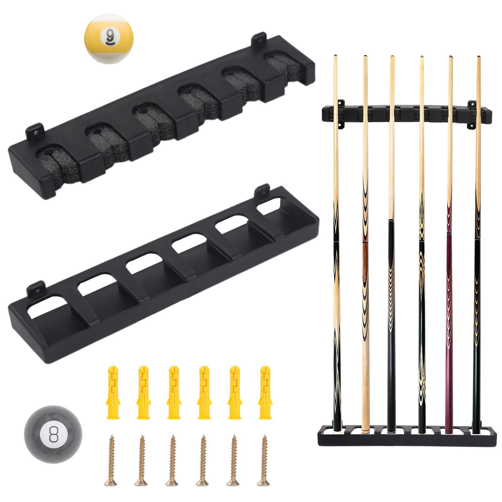 6 Wall Mounted Pool Cue Rack, Black, Vertical, Snooker and Billiard Cue Stand for Table Rods and Club Player