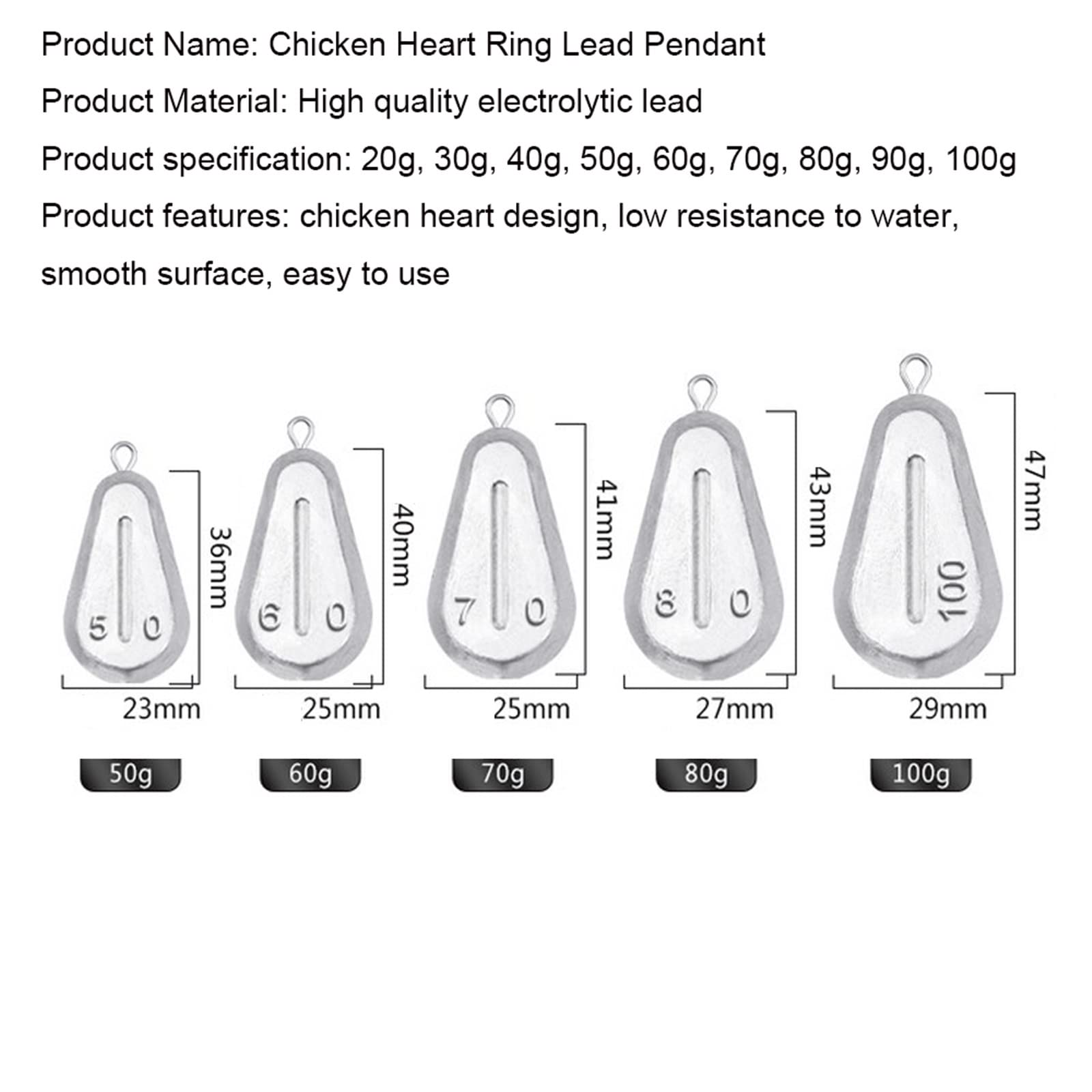 ADASTE Plomos de Pesca y Pesas, corazón de Pollo, Plomo con Anillo Colgante, caña de mar, caña de fundición Larga Hueca, Anzuelo en tándem, Herramientas de posicionamiento de Pesca (Size : 80gx10pcs)