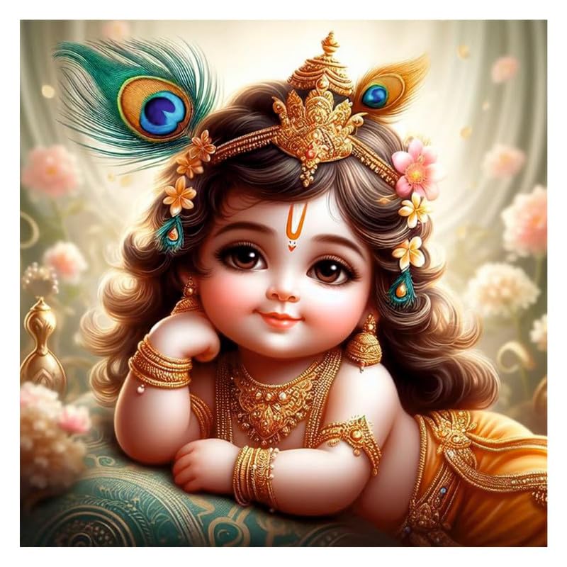 Image of British Terminal Cute little Bal Gopal Baby God Krishna| Kanha Ji | Laddu Lord Makhan Chor Painting Religious Poster for Pregnant Women for wall (matt thin vinyl,sticker,multicolor,unframed)| bj428