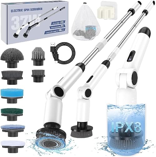 Limpiador eléctrico giratorio, [IPX8 resistente al agua] [110.2 lbs de torsión] con 9 cabezales de cepillo, 2 modos de velocidad, 4 ángulos