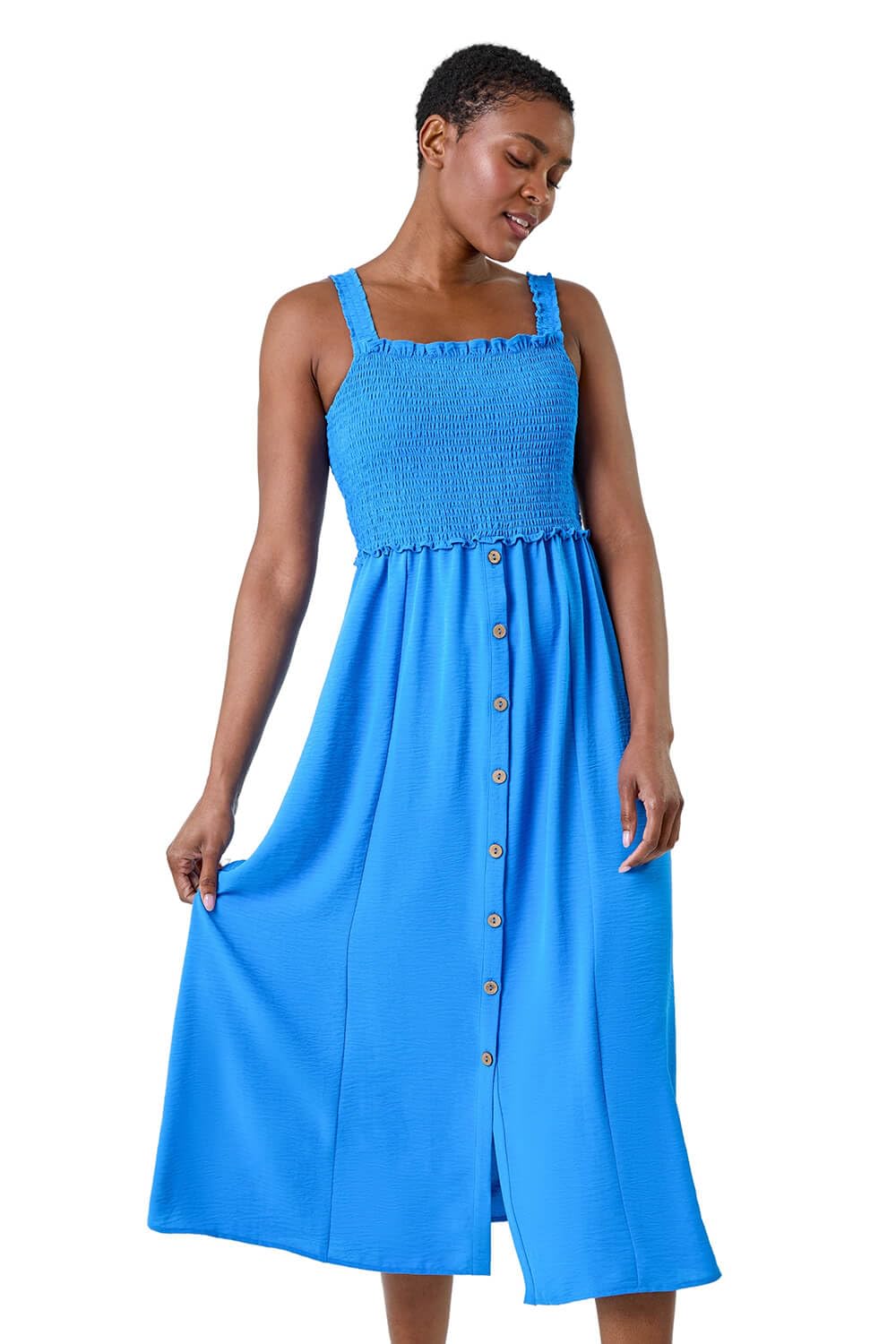 Roman Women's Light Blue Shirred Button Detail Midi Dress In Size 20
