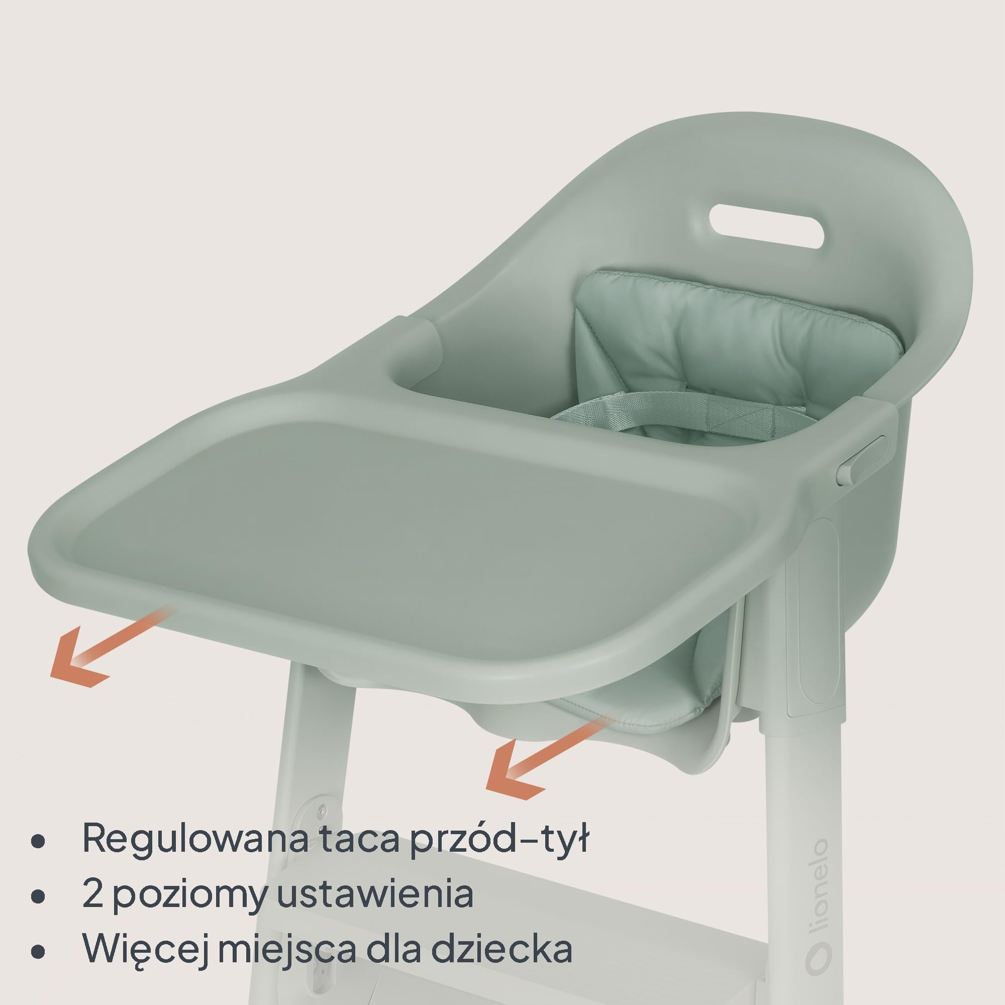 Lionelo BENY krzesełko dla dziecka 6 miesięcy - 3 lata przesuwna taca 2 pozycje, krzesełko ewolucyjne z podnóżkiem regulowanym jedną ręką, pasy 3-punktowe, łatwe do czyszczenia, zmywalna poduszka