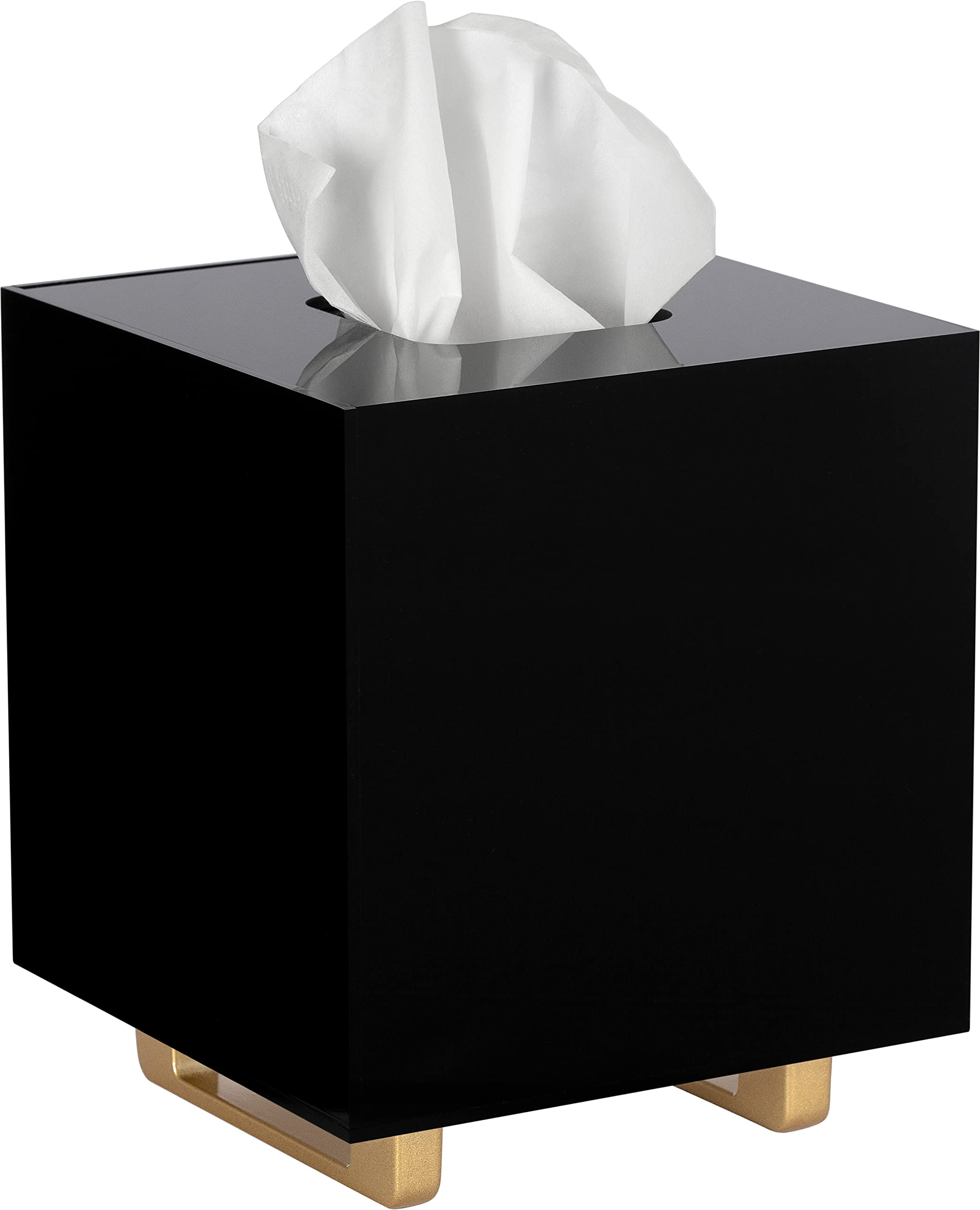 YoBa 3mm Thick Black Acrylic Tissue Box Holder Square Tissue Box Dispenser with Gold Plated Aluminum Legs for Bathroom, Kitchen, Bedroom, Office and Restaurant