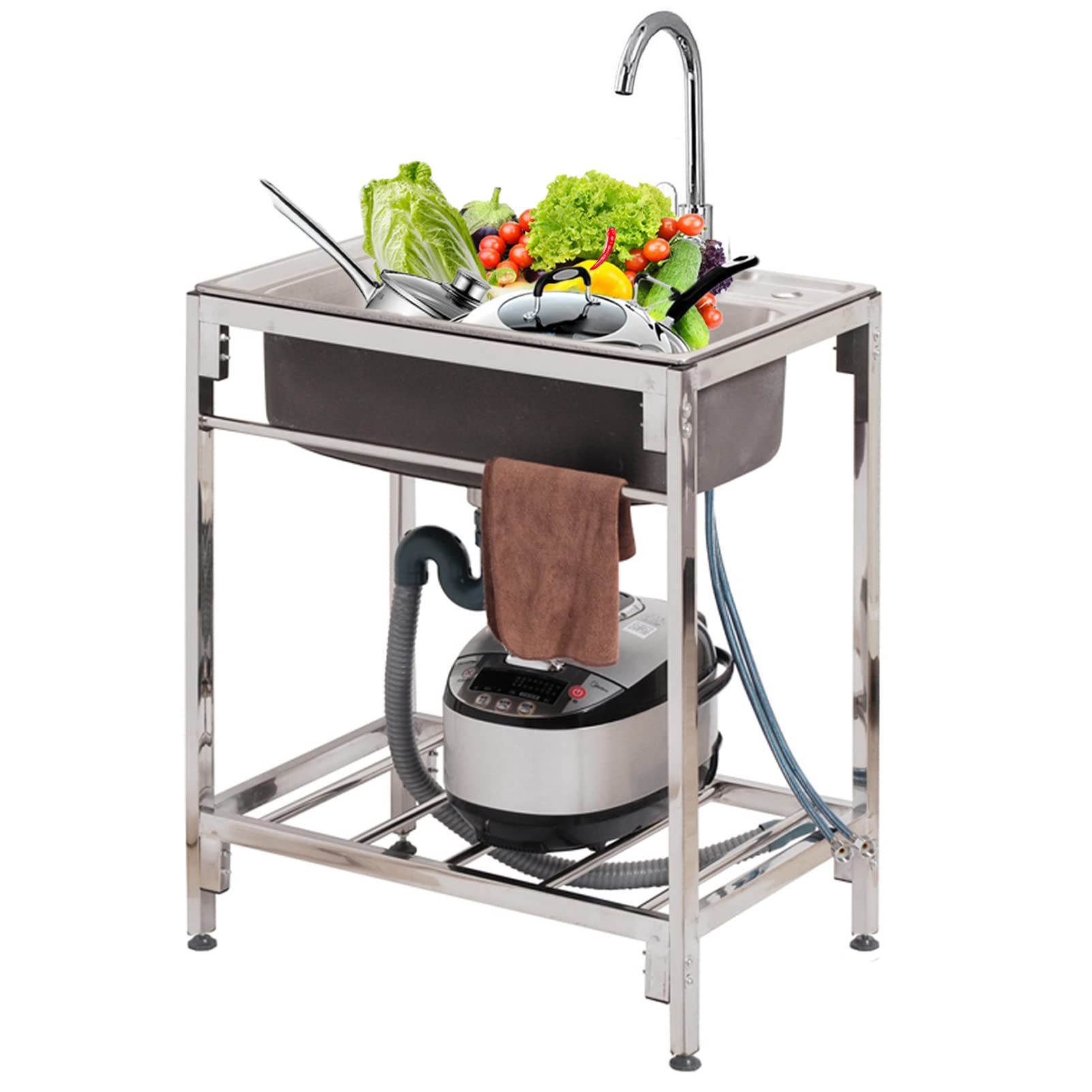 LMYSXAOZ Stainless Steel Utility Sink Kitchen Free Standing Commercial, Single Bowl Compartment Workbench for Laundry Room Bathroom Farmhouse - Portable Outdoor Patio