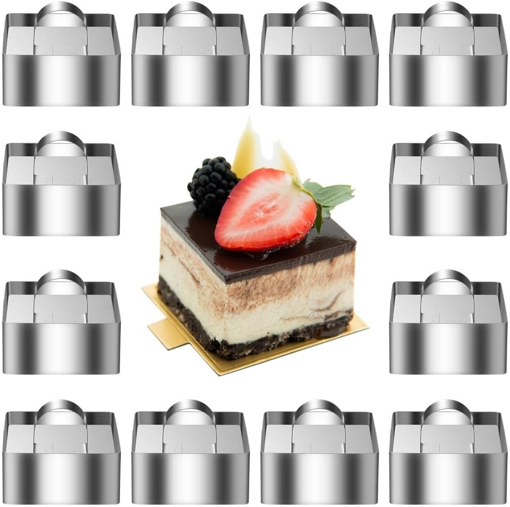 Generic Molds Mousse Ring Set, 3.15In X 1.46In Square Dessert Mousse Molds With Pusher For Desserts Baking Biscuits Pancakes, Rings Cake Steel Stainless 12 Pcs