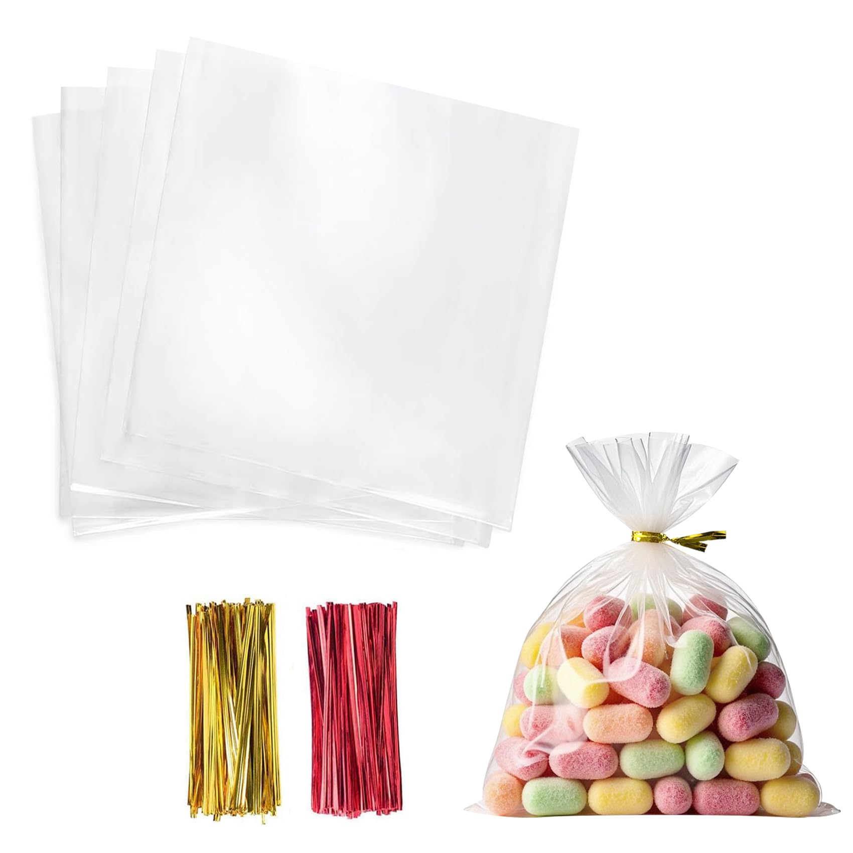 Morepack Cello Cellophane Treat Bags,200 PCS Clear Pastic Gift Bags with Twist Ties,Party Favor Bags (6"x6")